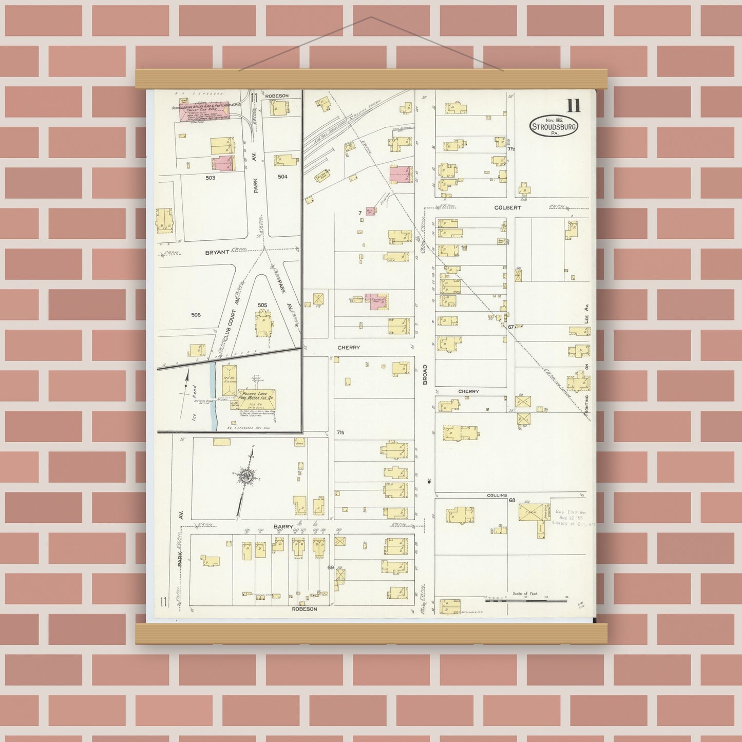Old map wall art mockup — magnetic wood frame on brick wall — Sanborn Fire Insurance Map from Stroudsburg, Monroe County, Pennsylvania (1912), Sheet #0011