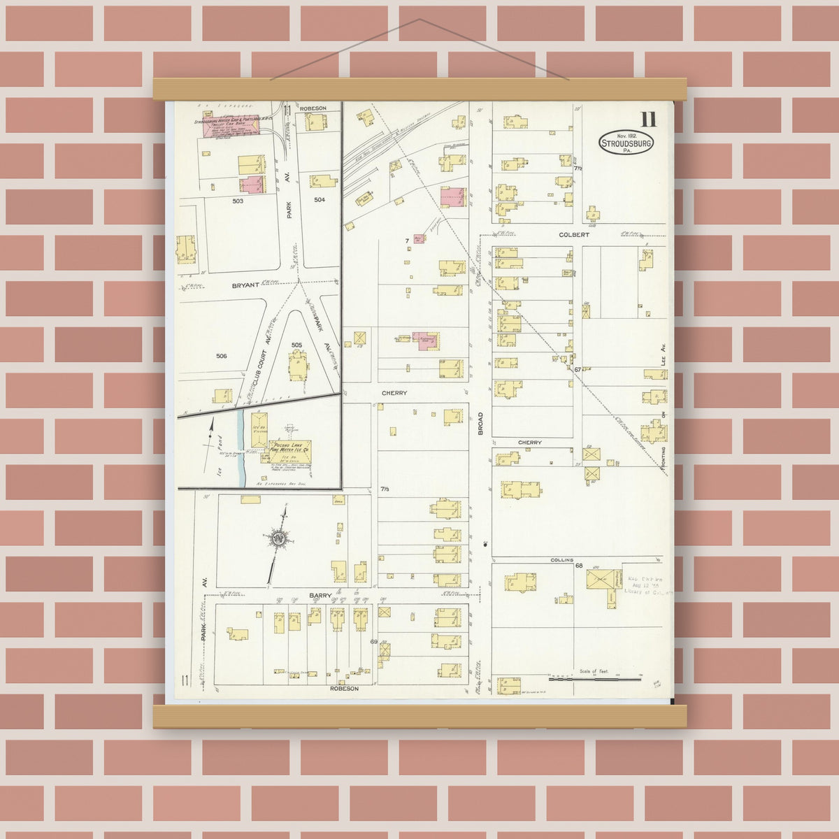 Old map wall art mockup — magnetic wood frame on brick wall — Sanborn Fire Insurance Map from Stroudsburg, Monroe County, Pennsylvania (1912), Sheet #0011