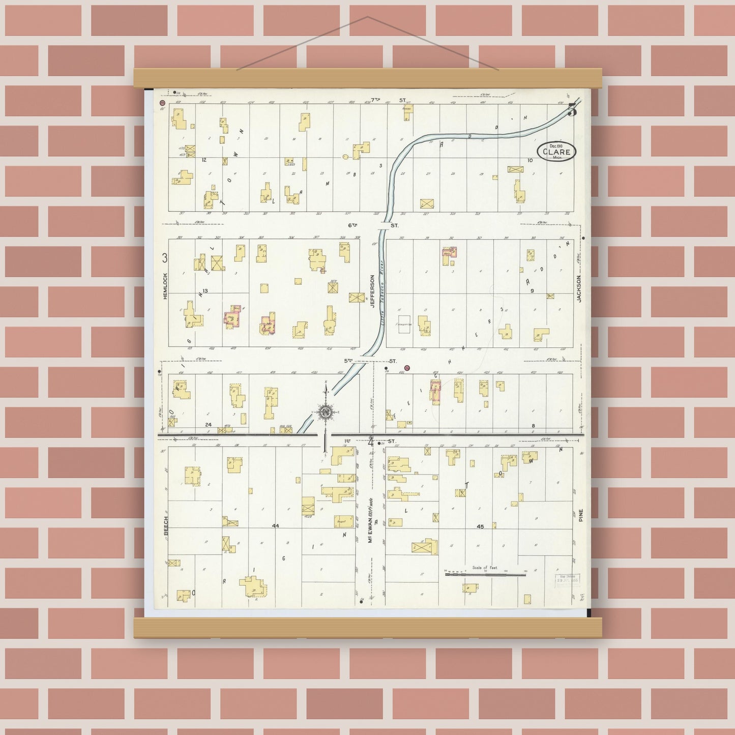 Old map wall art mockup — magnetic wood frame on brick wall — Sanborn Fire Insurance Map from Clare, Clare County, Michigan (1910), Sheet #0005