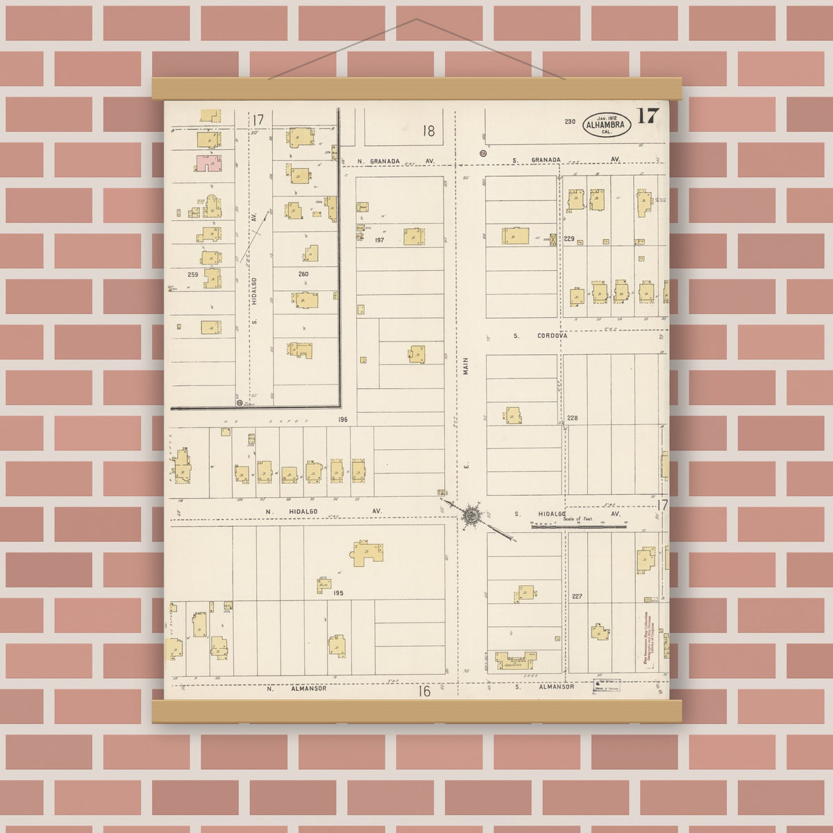 Old map wall art mockup — magnetic wood frame on brick wall — Sanborn Fire Insurance Map from Alhambra, Los Angeles County, California (1912), Sheet #0017