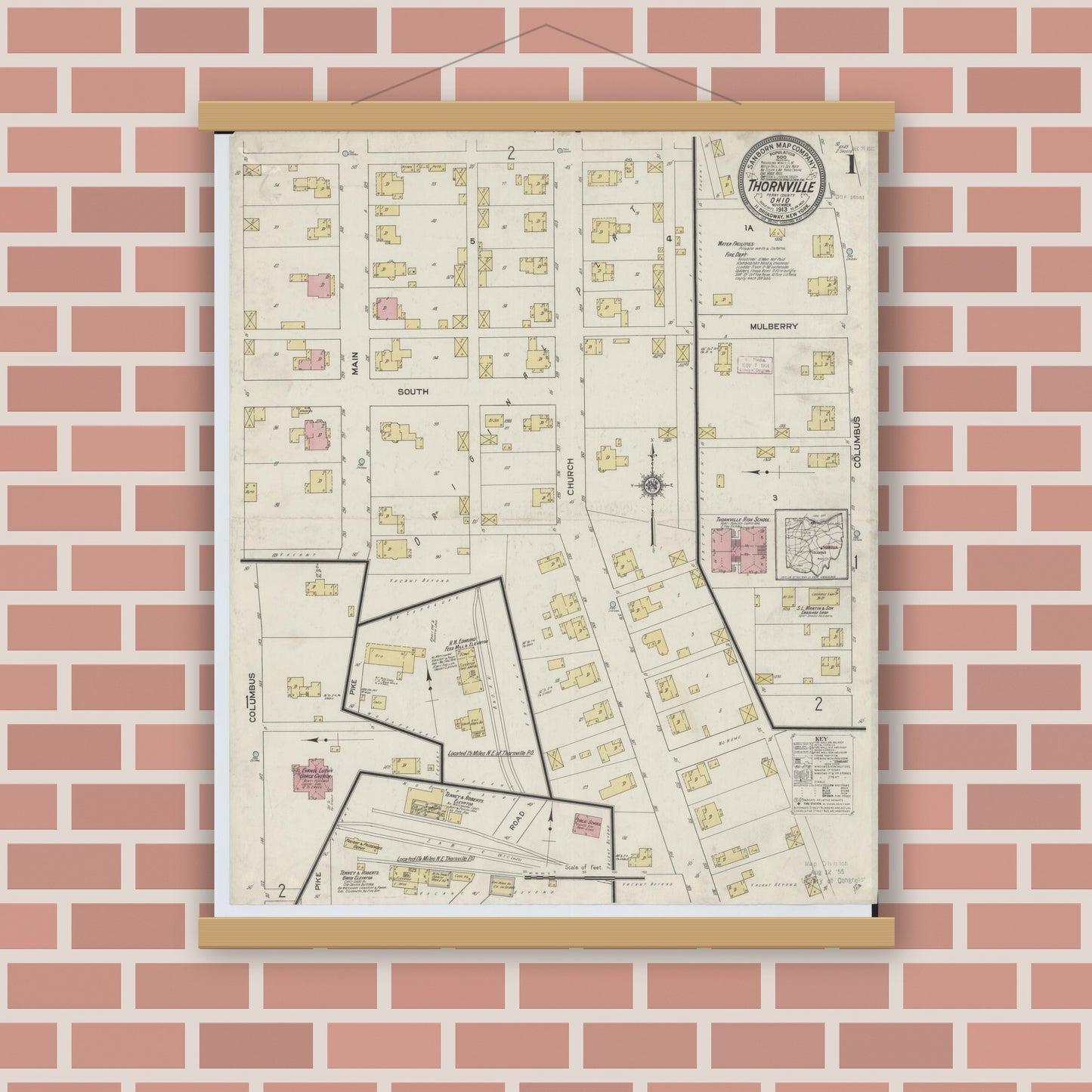 Old map wall art mockup — magnetic wood frame on brick wall — Sanborn Fire Insurance Map from Thornville, Perry County, Ohio (1913), Sheet #0001