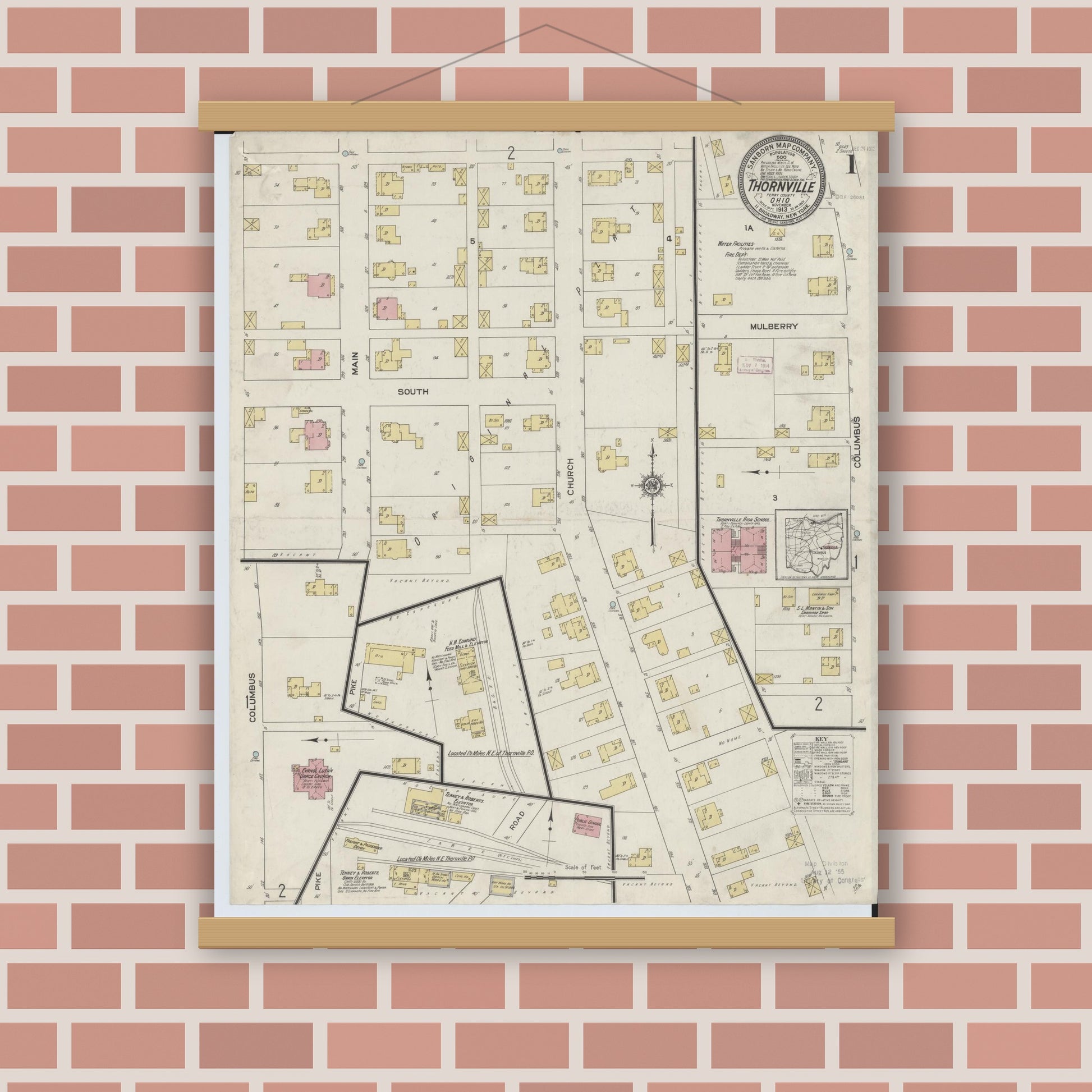 Old map wall art mockup — magnetic wood frame on brick wall — Sanborn Fire Insurance Map from Thornville, Perry County, Ohio (1913), Sheet #0001