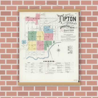 Old map wall art mockup — magnetic wood frame on brick wall — Sanborn Fire Insurance Map from Tipton, Tipton County, Indiana (1896) - Complete Map Set