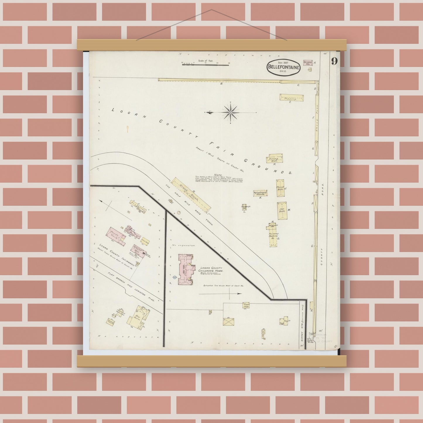 Old map wall art mockup — magnetic wood frame on brick wall — Sanborn Fire Insurance Map from Bellefontaine, Logan County, Ohio (1887), Sheet #0009
