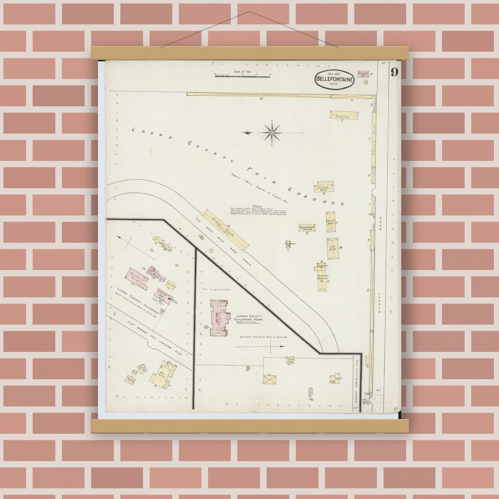 Old map wall art mockup — magnetic wood frame on brick wall — Sanborn Fire Insurance Map from Bellefontaine, Logan County, Ohio (1887), Sheet #0009