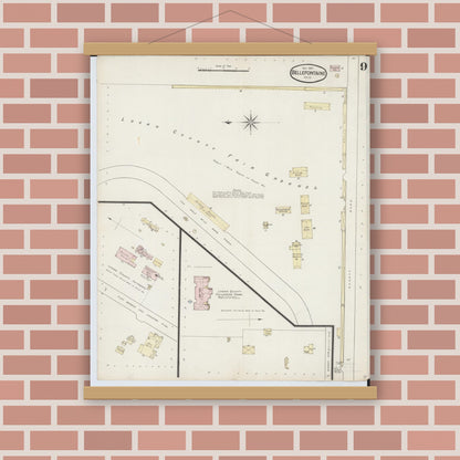 Old map wall art mockup — magnetic wood frame on brick wall — Sanborn Fire Insurance Map from Bellefontaine, Logan County, Ohio (1887), Sheet #0009