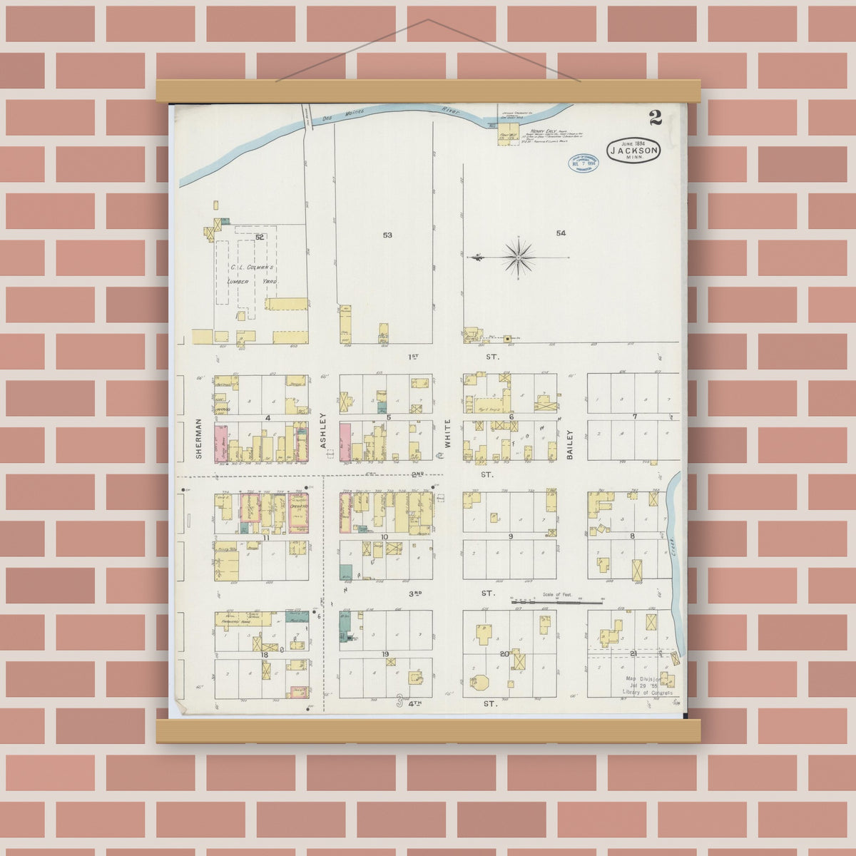 Old map wall art mockup — magnetic wood frame on brick wall — Sanborn Fire Insurance Map from Jackson, Jackson County, Minnesota (1894), Sheet #0002