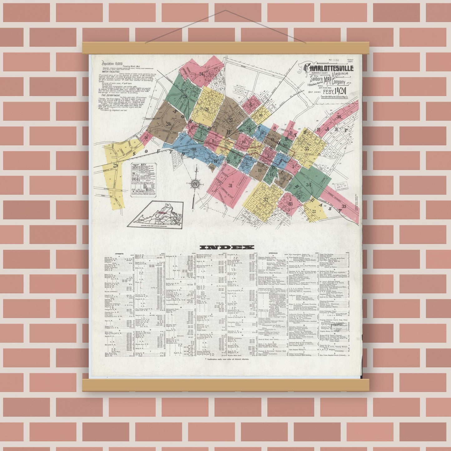 Old map wall art mockup — magnetic wood frame on brick wall — Sanborn Fire Insurance Map from Charlottesville, Independent Cities, Virginia (1920) - Complete Map Set