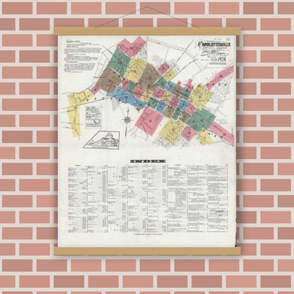 Old map wall art mockup — magnetic wood frame on brick wall — Sanborn Fire Insurance Map from Charlottesville, Independent Cities, Virginia (1920) - Complete Map Set