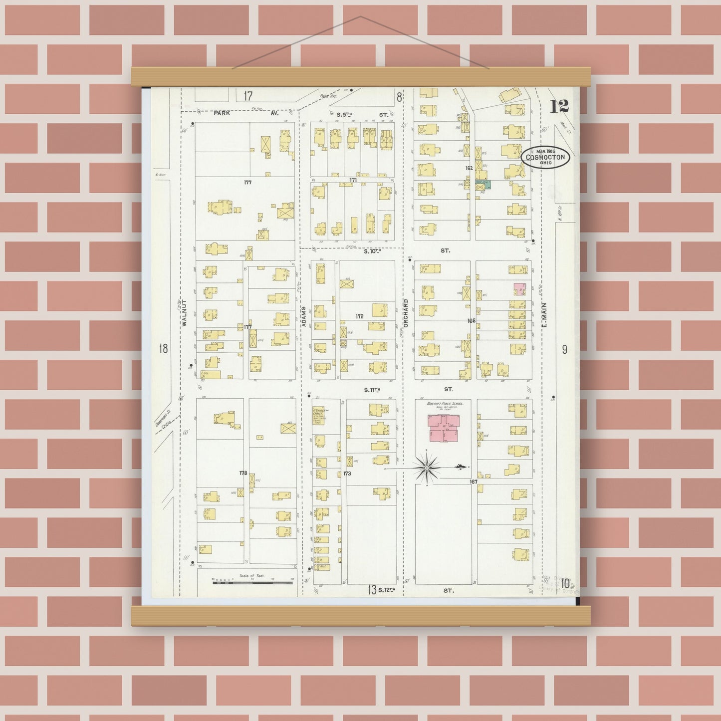 Old map wall art mockup — magnetic wood frame on brick wall — Sanborn Fire Insurance Map from Coshocton, Coshocton County, Ohio (1905), Sheet #0012