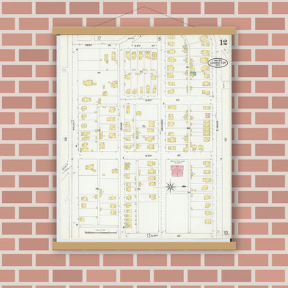 Old map wall art mockup — magnetic wood frame on brick wall — Sanborn Fire Insurance Map from Coshocton, Coshocton County, Ohio (1905), Sheet #0012