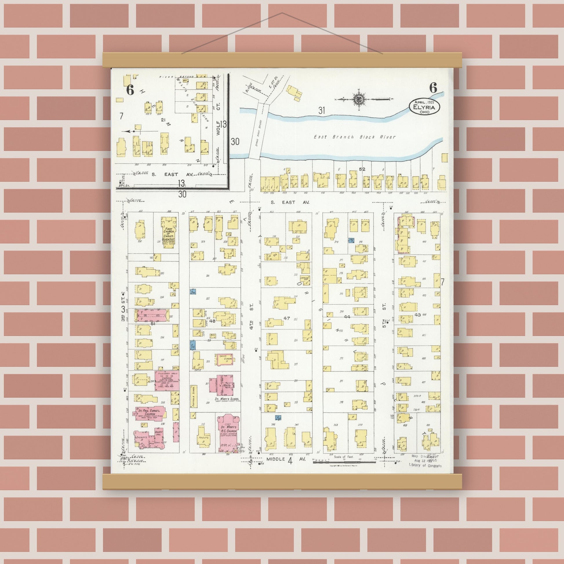Old map wall art mockup — magnetic wood frame on brick wall — Sanborn Fire Insurance Map from Elyria, Lorain County, Ohio (1925), Sheet #0006