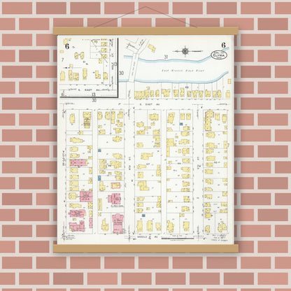 Old map wall art mockup — magnetic wood frame on brick wall — Sanborn Fire Insurance Map from Elyria, Lorain County, Ohio (1925), Sheet #0006