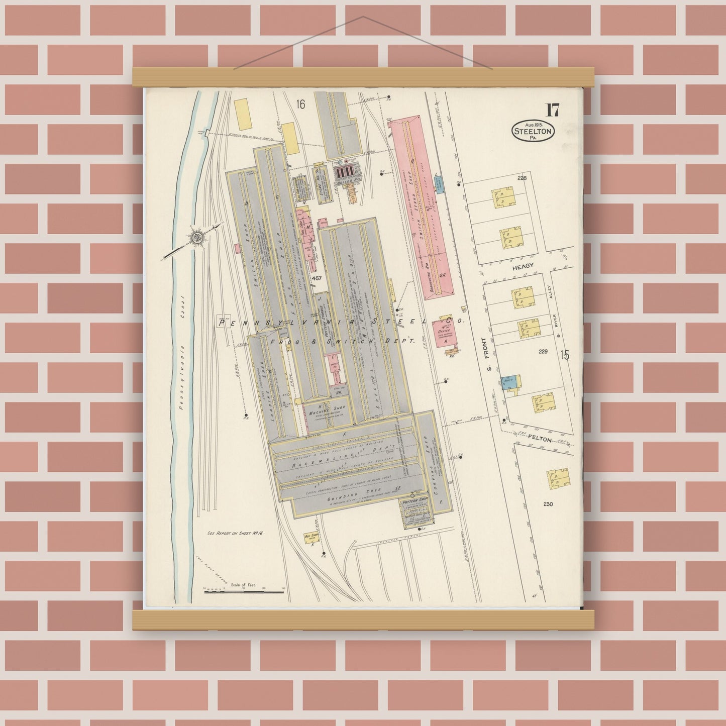 Old map wall art mockup — magnetic wood frame on brick wall — Sanborn Fire Insurance Map from Steelton, Dauphin County, Pennsylvania (1915), Sheet #0017