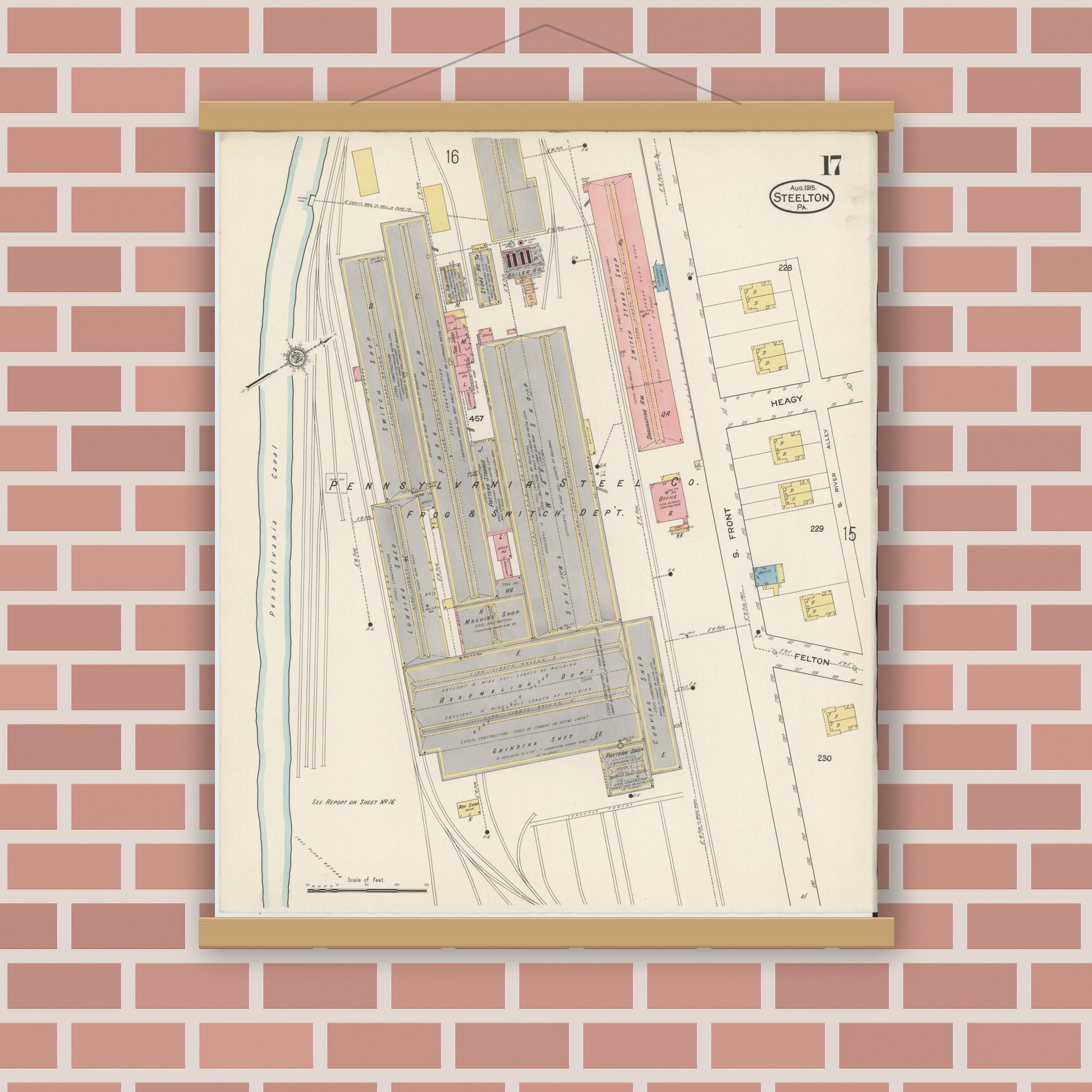 Old map wall art mockup — magnetic wood frame on brick wall — Sanborn Fire Insurance Map from Steelton, Dauphin County, Pennsylvania (1915), Sheet #0017