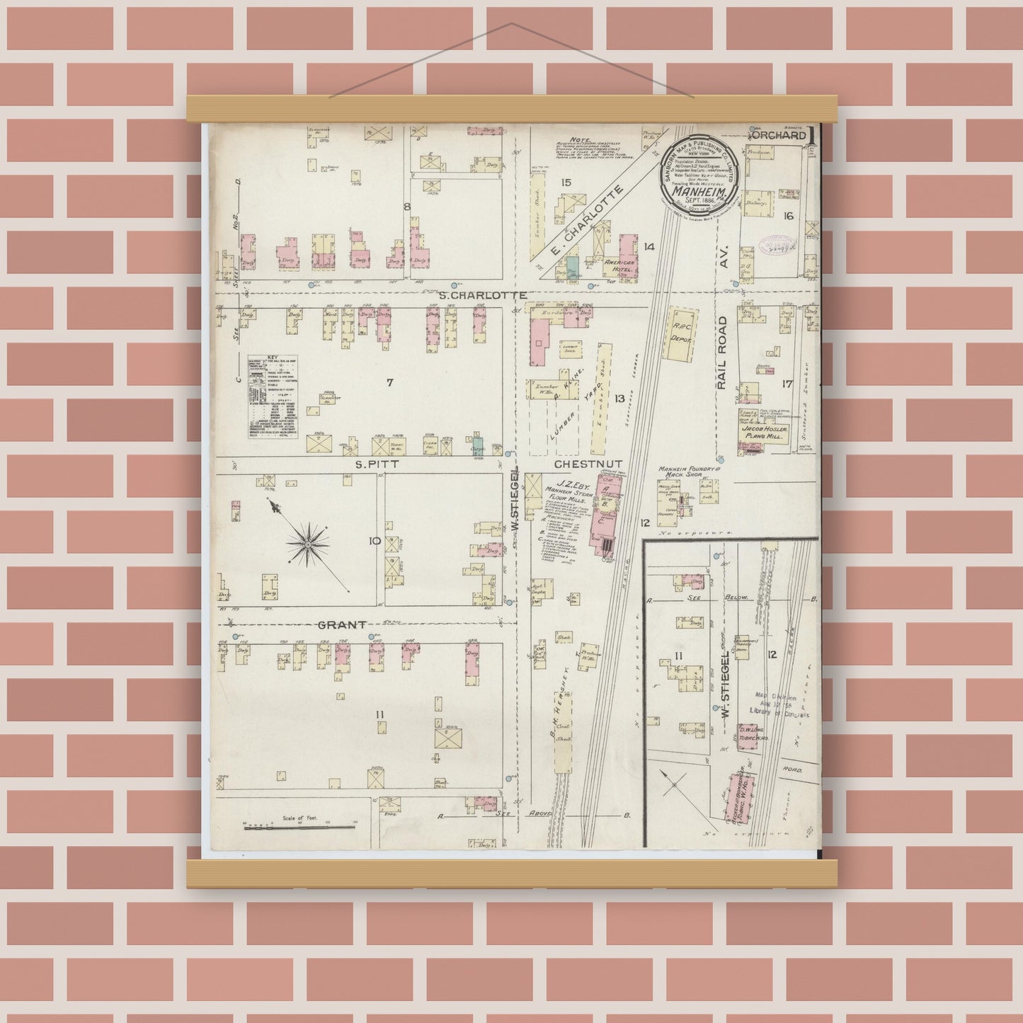 Old map wall art mockup — magnetic wood frame on brick wall — Sanborn Fire Insurance Map from Manheim, Lancaster County, Pennsylvania (1886) - Complete Map Set
