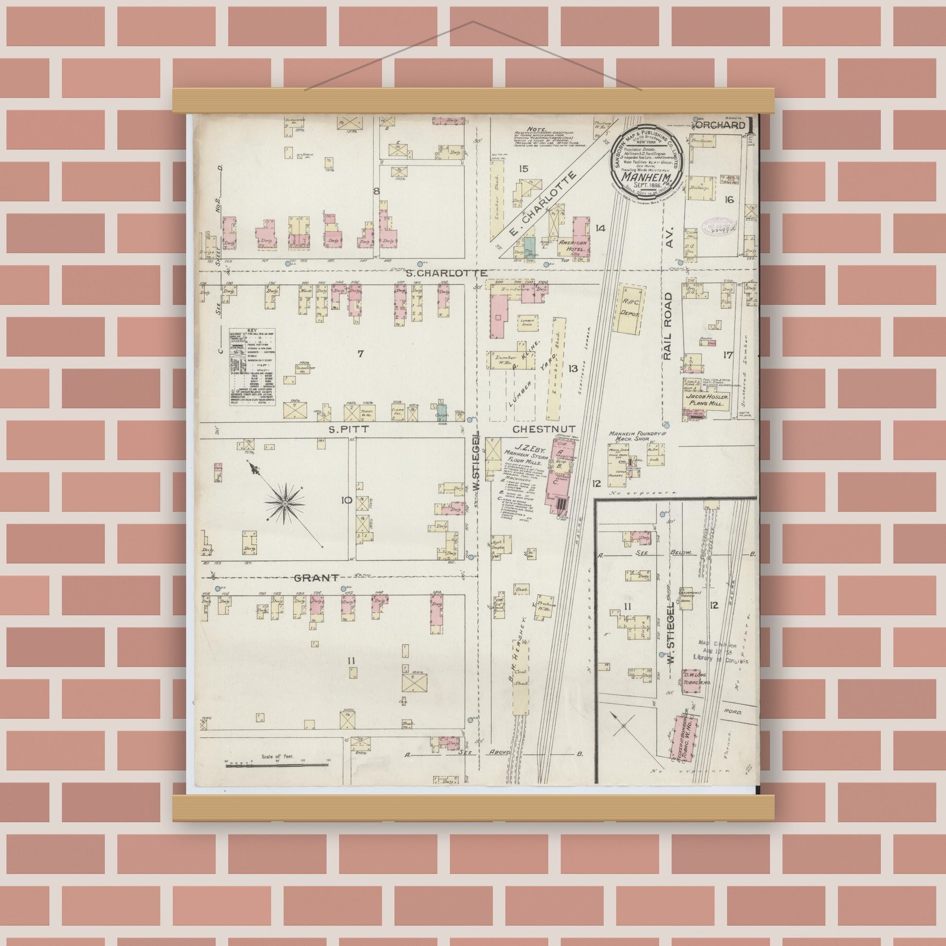 Old map wall art mockup — magnetic wood frame on brick wall — Sanborn Fire Insurance Map from Manheim, Lancaster County, Pennsylvania (1886) - Complete Map Set