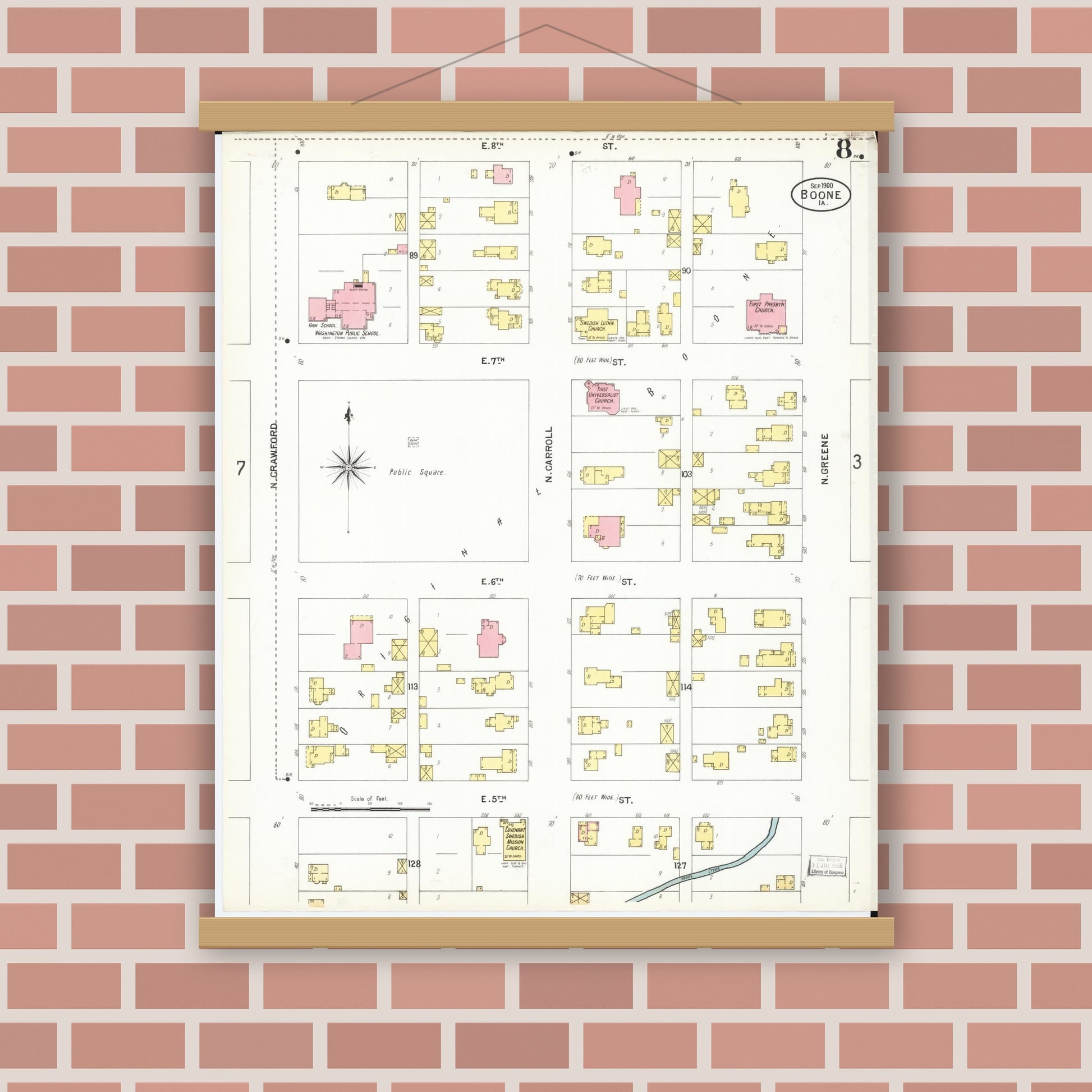Old map wall art mockup — magnetic wood frame on brick wall — Sanborn Fire Insurance Map from Boone, Boone County, Iowa (1900), Sheet #0008