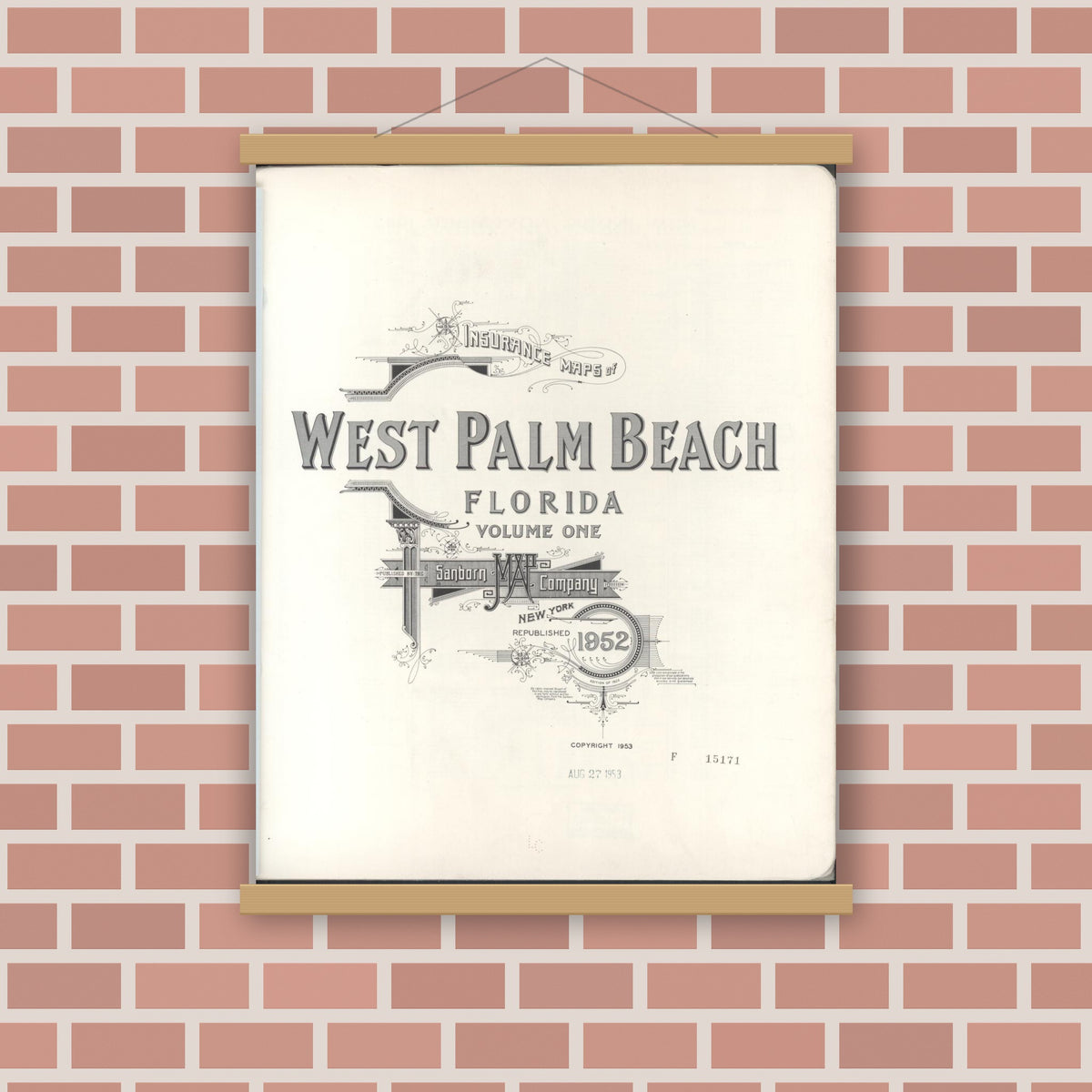 Old map wall art mockup — magnetic wood frame on brick wall — Sanborn Fire Insurance Map from West Palm Beach, Dade County, Florida (1952), Sheet #0001