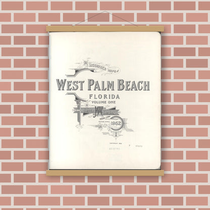 Old map wall art mockup — magnetic wood frame on brick wall — Sanborn Fire Insurance Map from West Palm Beach, Dade County, Florida (1952), Sheet #0001