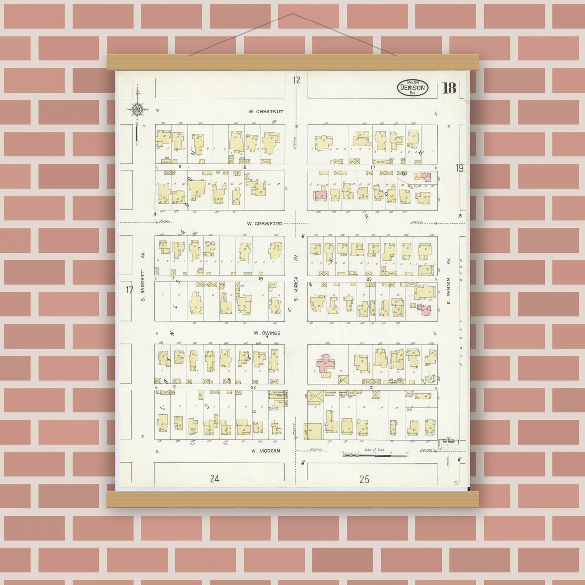 Old map wall art mockup — magnetic wood frame on brick wall — Sanborn Fire Insurance Map from Denison, Grayson County, Texas (1914), Sheet #0018