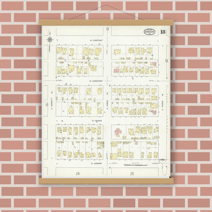 Old map wall art mockup — magnetic wood frame on brick wall — Sanborn Fire Insurance Map from Denison, Grayson County, Texas (1914), Sheet #0018
