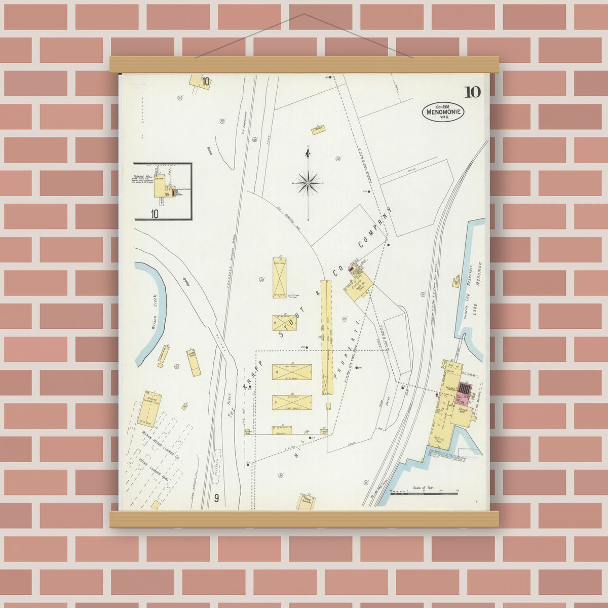 Old map wall art mockup — magnetic wood frame on brick wall — Sanborn Fire Insurance Map from Menomonie, Dunn County, Wisconsin (1902), Sheet #0010