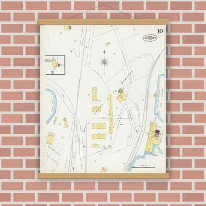 Old map wall art mockup — magnetic wood frame on brick wall — Sanborn Fire Insurance Map from Menomonie, Dunn County, Wisconsin (1902), Sheet #0010