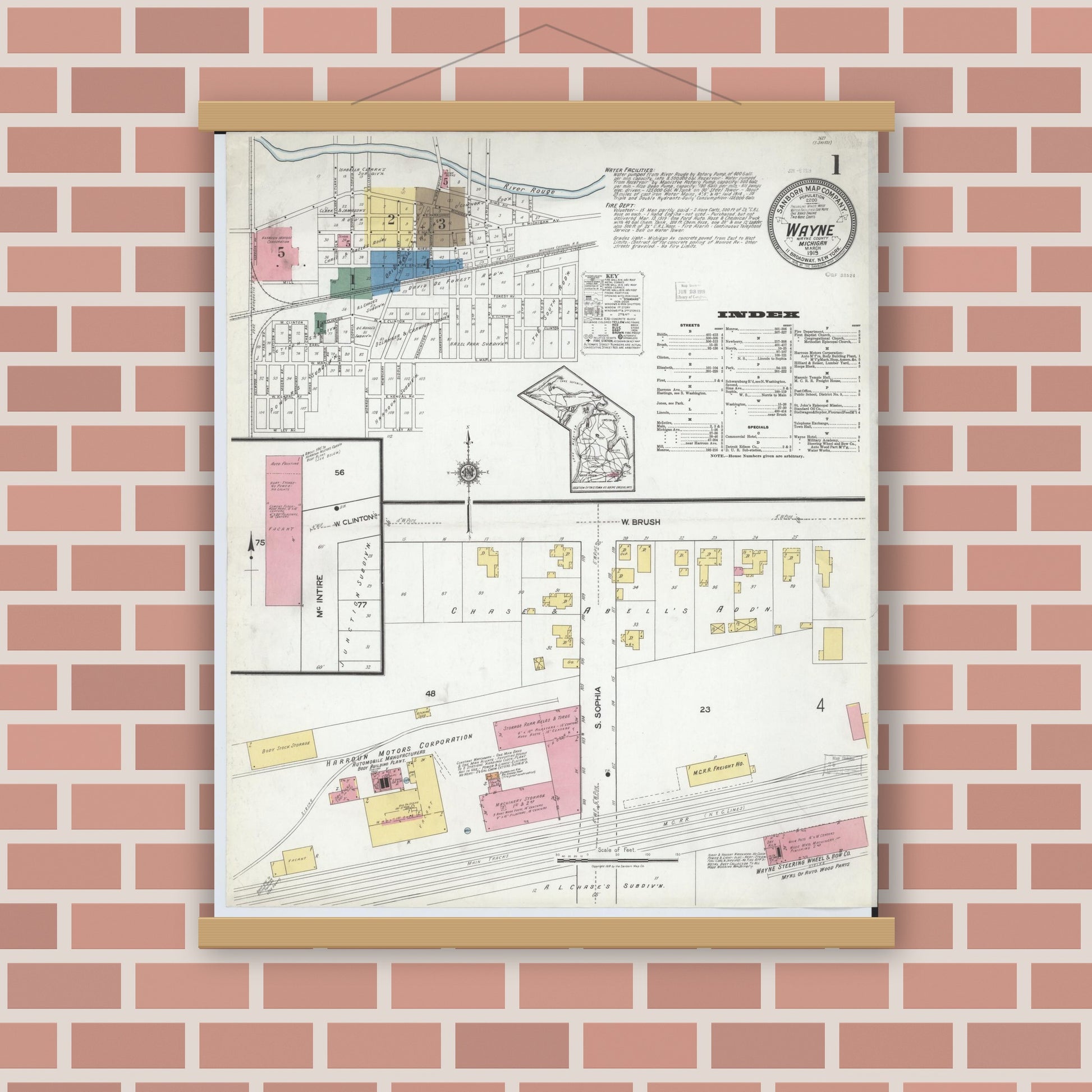 Old map wall art mockup — magnetic wood frame on brick wall — Sanborn Fire Insurance Map from Wayne, Wayne County, Michigan (1919), Sheet #0001