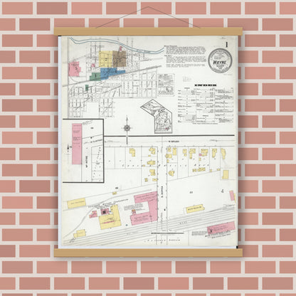 Old map wall art mockup — magnetic wood frame on brick wall — Sanborn Fire Insurance Map from Wayne, Wayne County, Michigan (1919), Sheet #0001