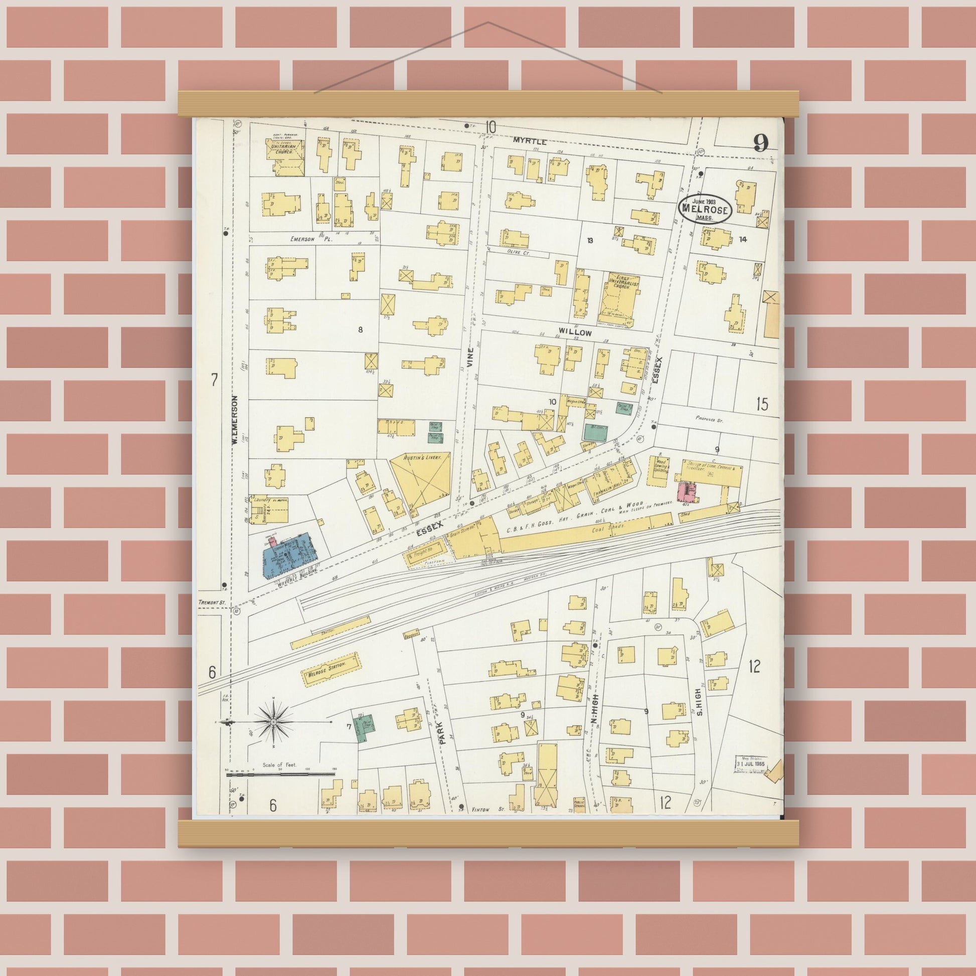 Old map wall art mockup — magnetic wood frame on brick wall — Sanborn Fire Insurance Map from Melrose, Middlesex County, Massachusetts (1903), Sheet #0009