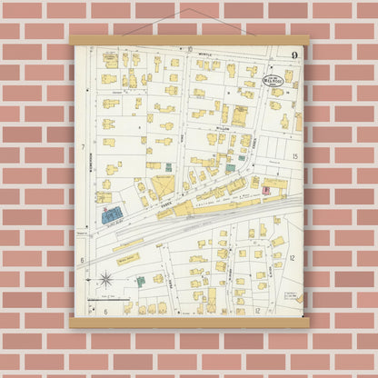Old map wall art mockup — magnetic wood frame on brick wall — Sanborn Fire Insurance Map from Melrose, Middlesex County, Massachusetts (1903), Sheet #0009