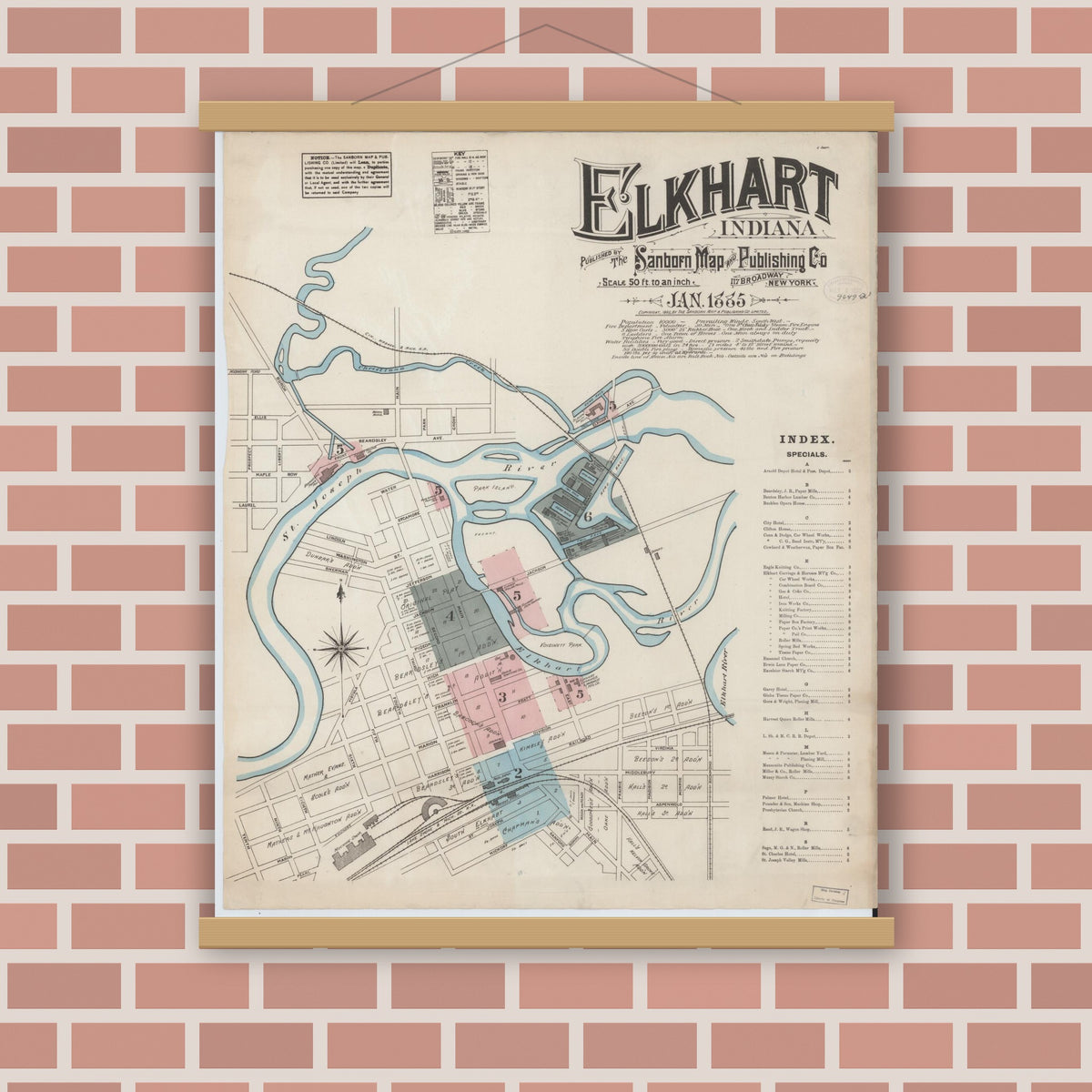 Old map wall art mockup — magnetic wood frame on brick wall — Sanborn Fire Insurance Map from Elkhart, Elkhart County, Indiana (1885) - Complete Map Set