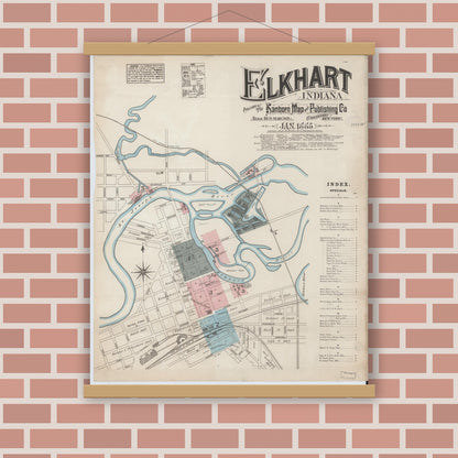 Old map wall art mockup — magnetic wood frame on brick wall — Sanborn Fire Insurance Map from Elkhart, Elkhart County, Indiana (1885) - Complete Map Set