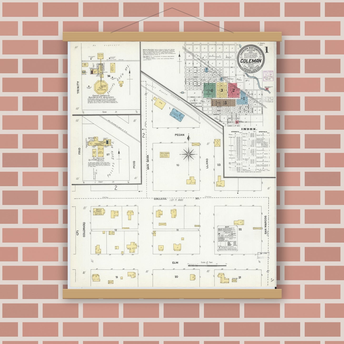 Old map wall art mockup — magnetic wood frame on brick wall — Sanborn Fire Insurance Map from Coleman, Coleman County, Texas (1904) - Complete Map Set