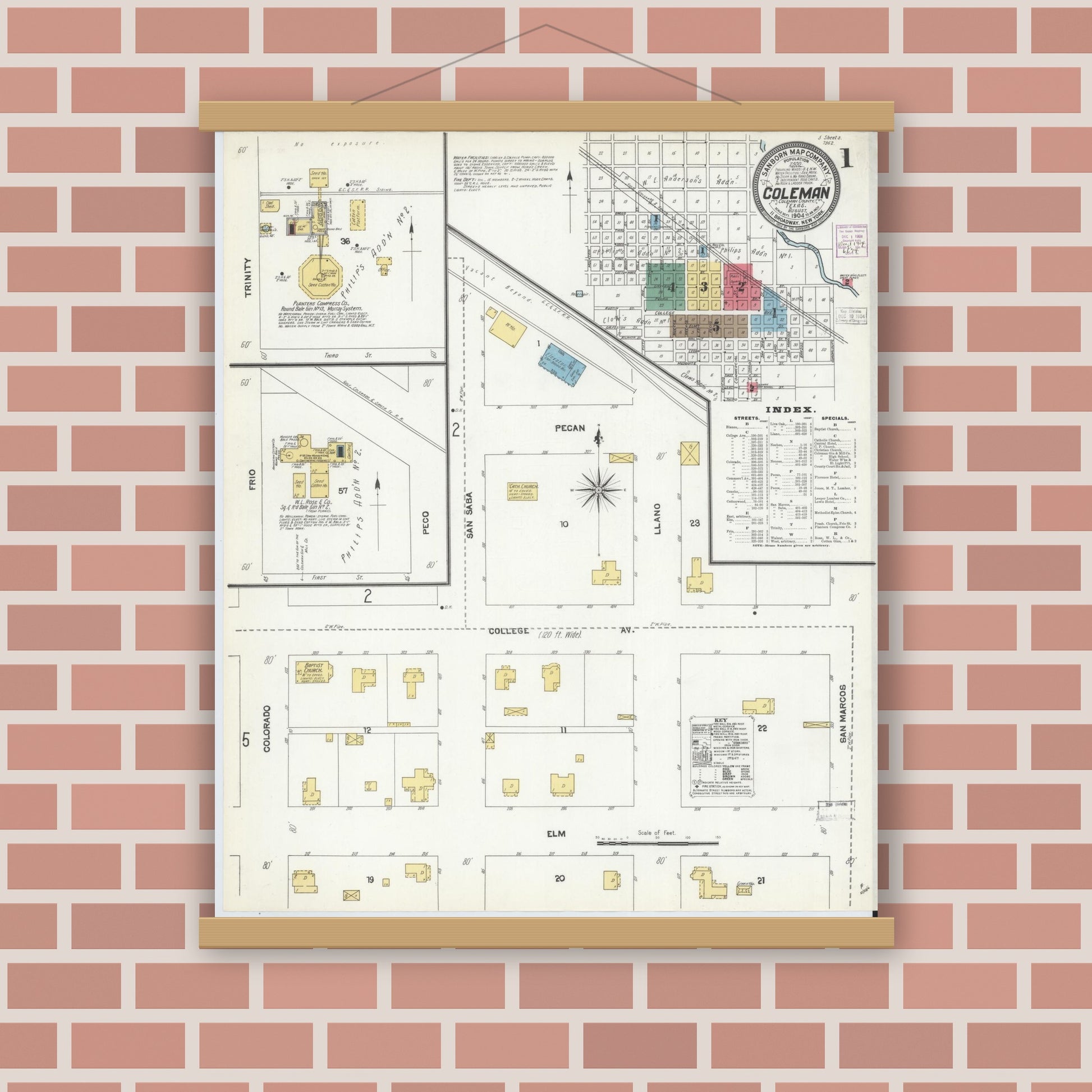 Old map wall art mockup — magnetic wood frame on brick wall — Sanborn Fire Insurance Map from Coleman, Coleman County, Texas (1904) - Complete Map Set