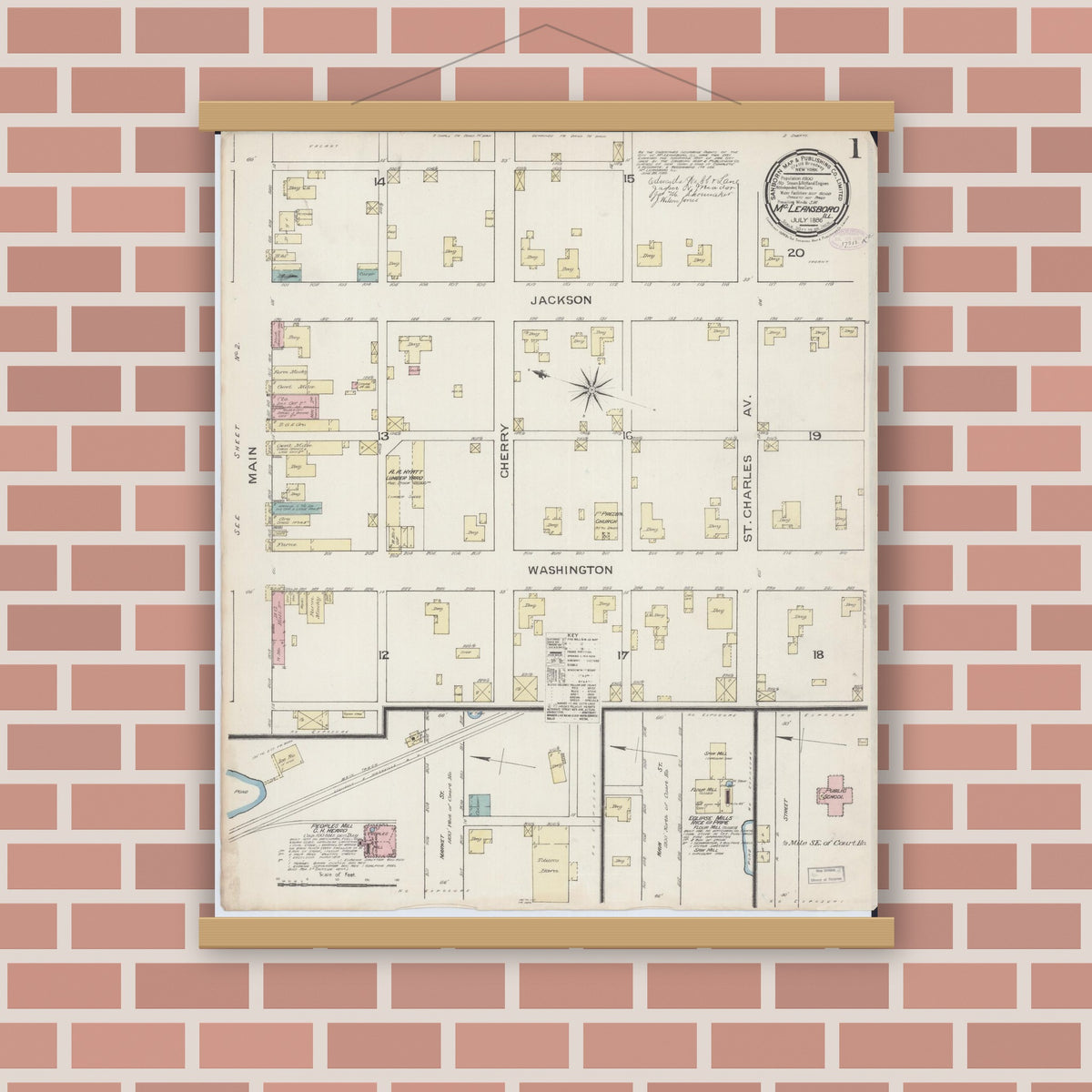 Old map wall art mockup — magnetic wood frame on brick wall — Sanborn Fire Insurance Map from Mcleansboro, Hamilton County, Illinois (1886) - Complete Map Set