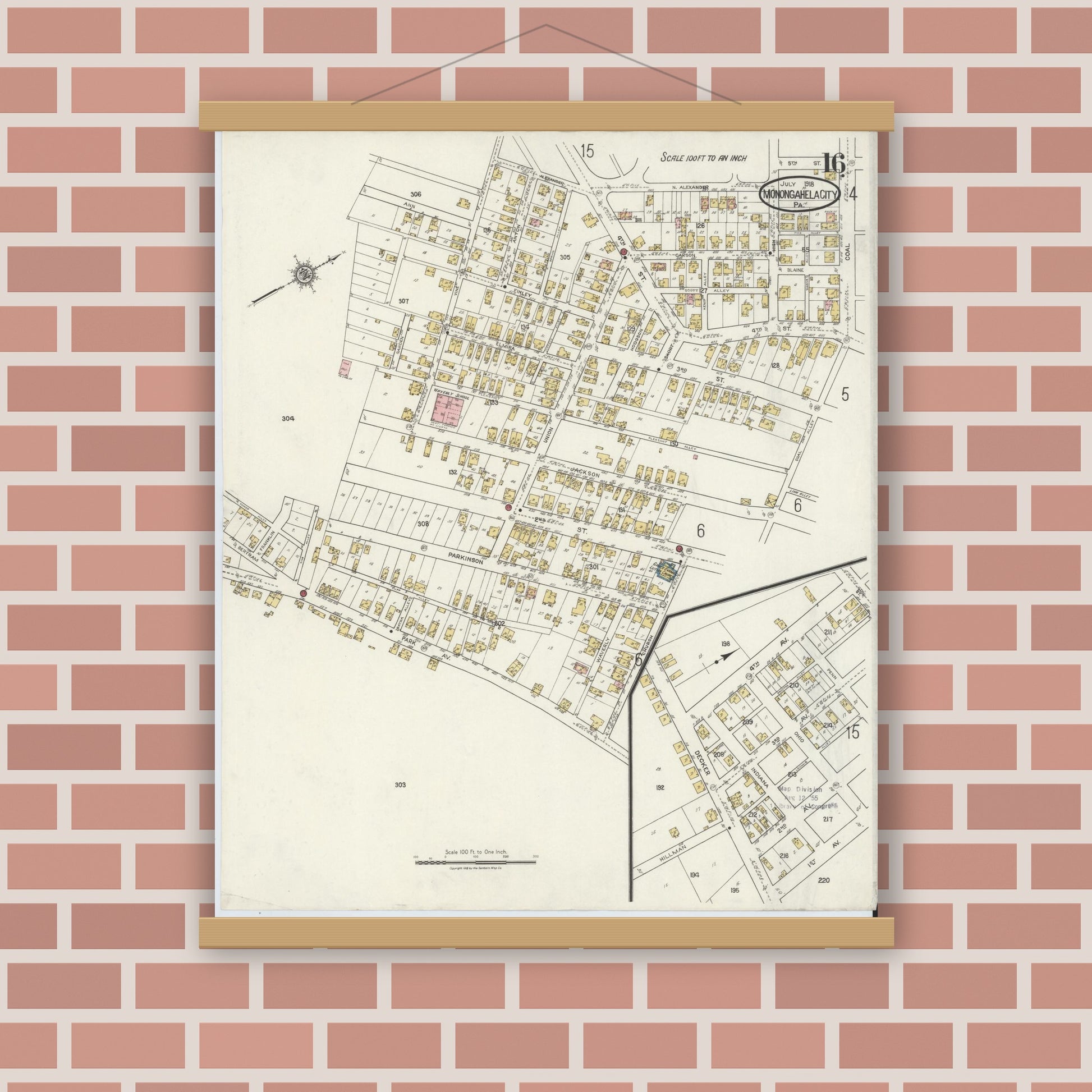 Old map wall art mockup — magnetic wood frame on brick wall — Sanborn Fire Insurance Map from Monongahela City, Washington County, Pennsylvania (1918), Sheet #0016