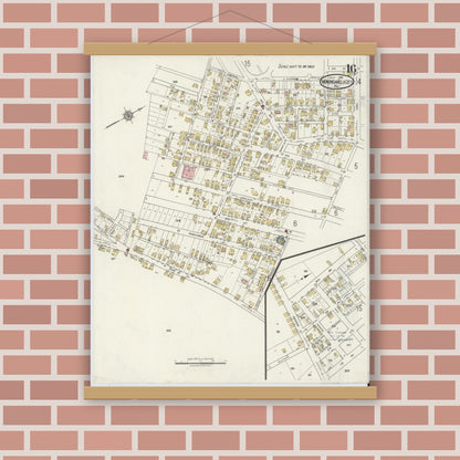 Old map wall art mockup — magnetic wood frame on brick wall — Sanborn Fire Insurance Map from Monongahela City, Washington County, Pennsylvania (1918), Sheet #0016