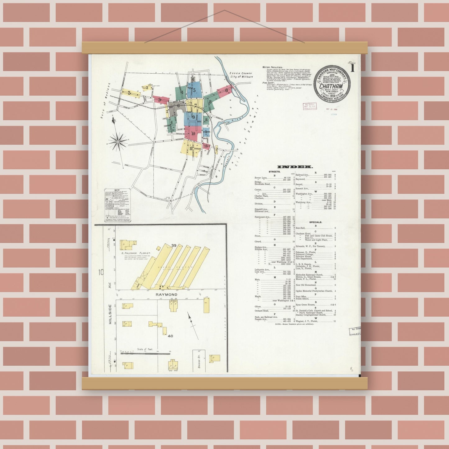 Old map wall art mockup — magnetic wood frame on brick wall — Sanborn Fire Insurance Map from Chatham, Morris County, New Jersey (1909) - Complete Map Set