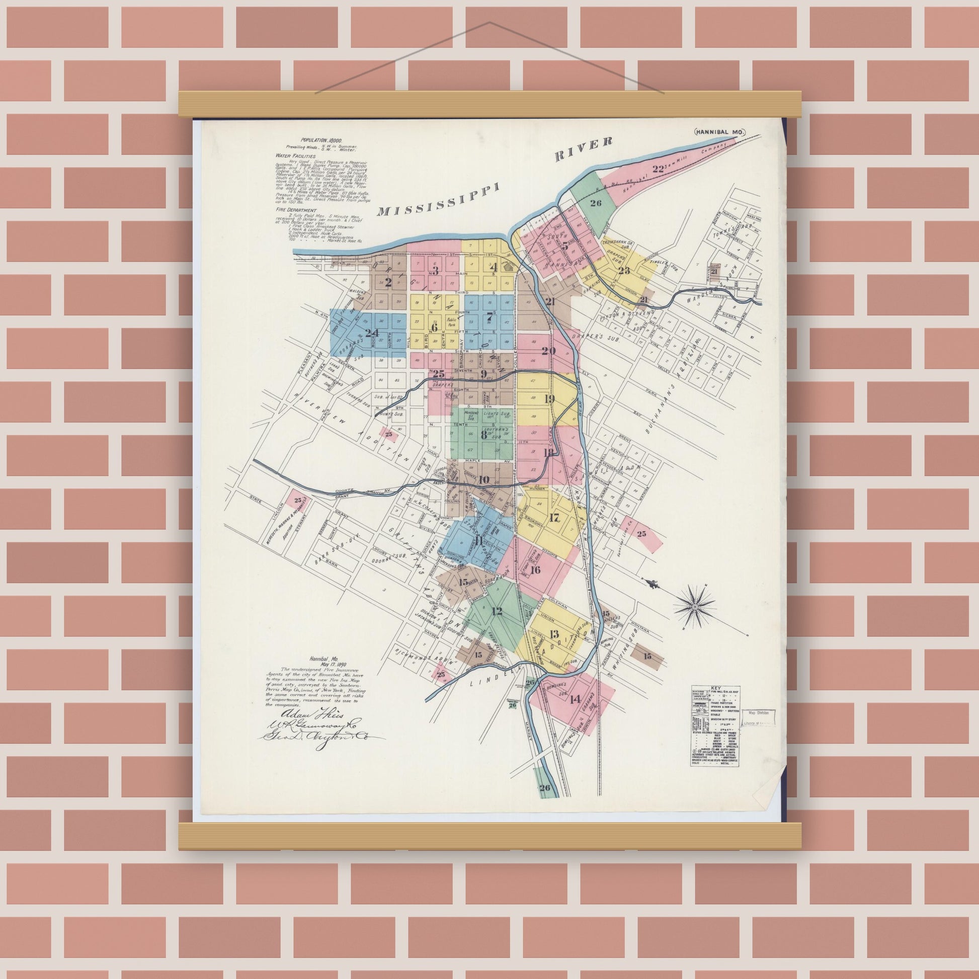 Old map wall art mockup — magnetic wood frame on brick wall — Sanborn Fire Insurance Map from Hannibal, Marion County, Missouri (1890) - Complete Map Set
