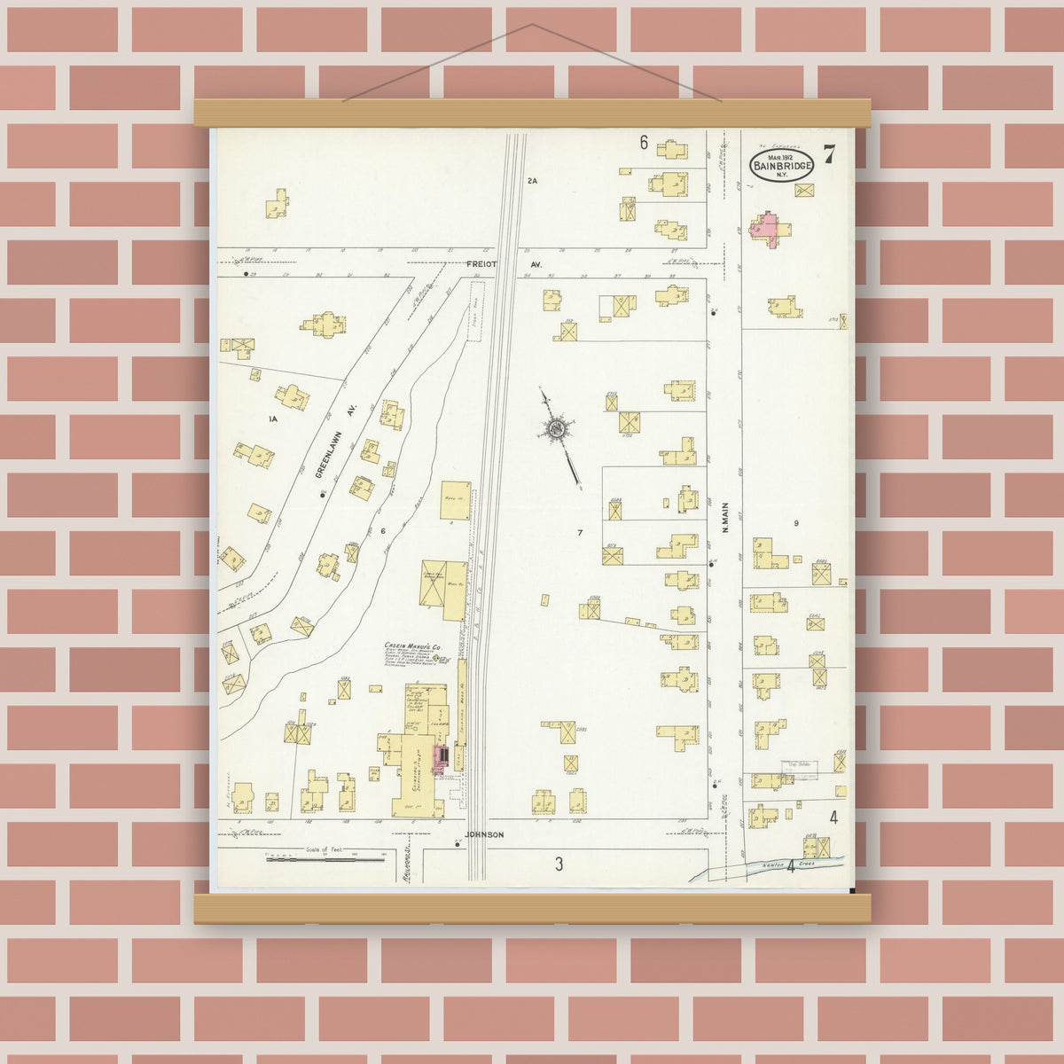 Old map wall art mockup — magnetic wood frame on brick wall — Sanborn Fire Insurance Map from Bainbridge, Chenango County, New York (1912), Sheet #0007