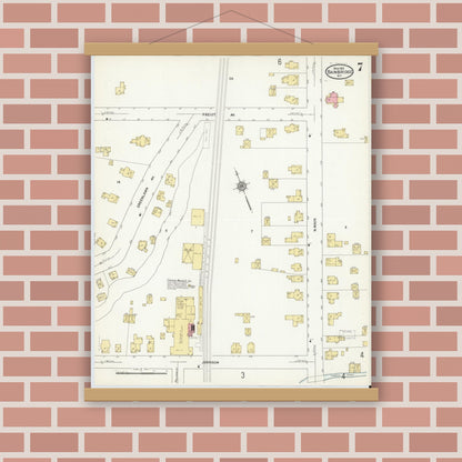 Old map wall art mockup — magnetic wood frame on brick wall — Sanborn Fire Insurance Map from Bainbridge, Chenango County, New York (1912), Sheet #0007