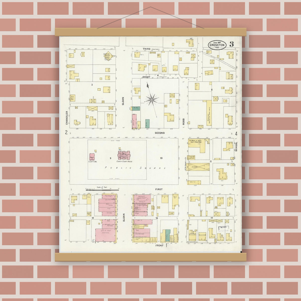 Old map wall art mockup — magnetic wood frame on brick wall — Sanborn Fire Insurance Map from Groveton, Trinity County, Texas (1907), Sheet #0003
