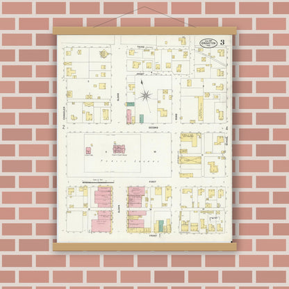 Old map wall art mockup — magnetic wood frame on brick wall — Sanborn Fire Insurance Map from Groveton, Trinity County, Texas (1907), Sheet #0003