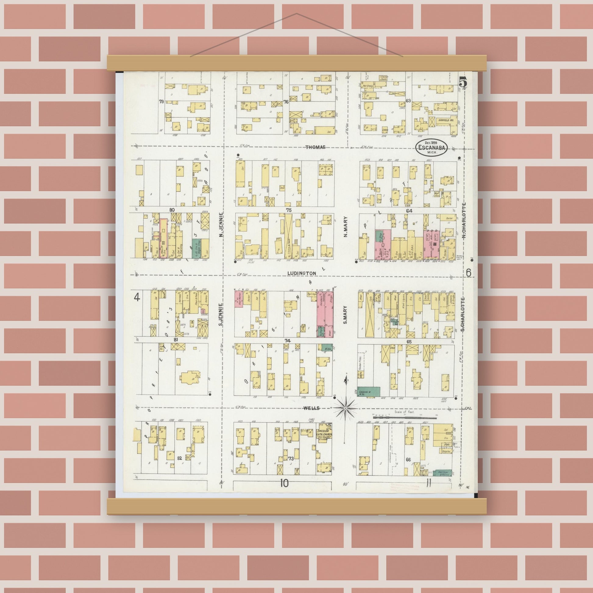 Old map wall art mockup — magnetic wood frame on brick wall — Sanborn Fire Insurance Map from Escanaba, Delta County, Michigan (1899), Sheet #0005