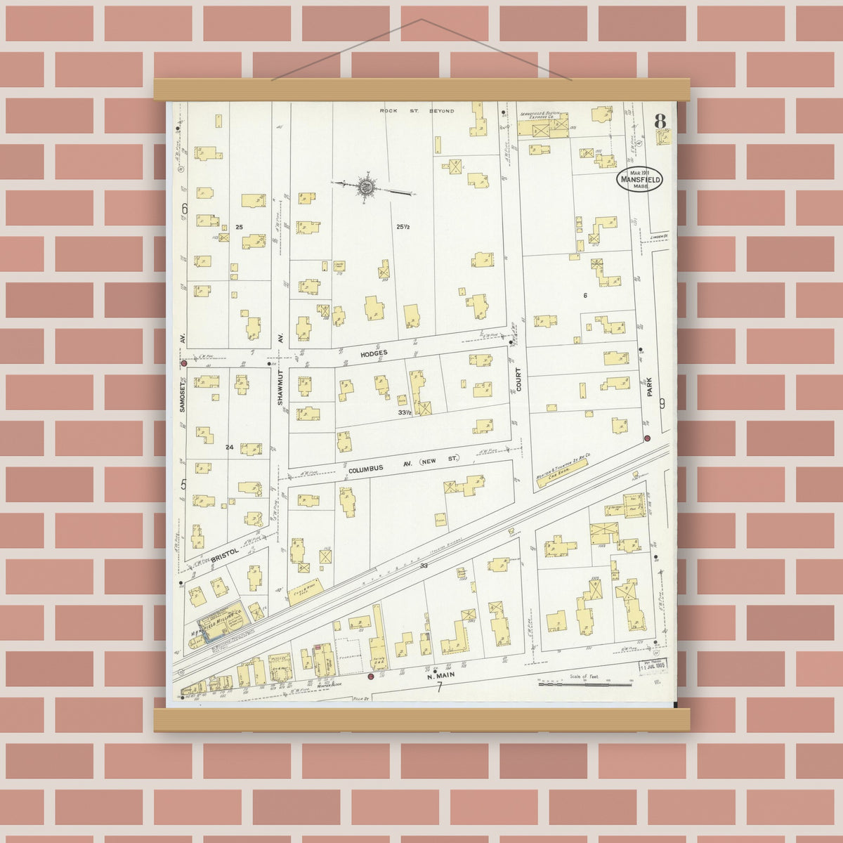 Old map wall art mockup — magnetic wood frame on brick wall — Sanborn Fire Insurance Map from Mansfield, Bristol County, Massachusetts (1911), Sheet #0008