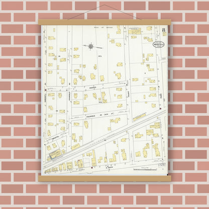 Old map wall art mockup — magnetic wood frame on brick wall — Sanborn Fire Insurance Map from Mansfield, Bristol County, Massachusetts (1911), Sheet #0008