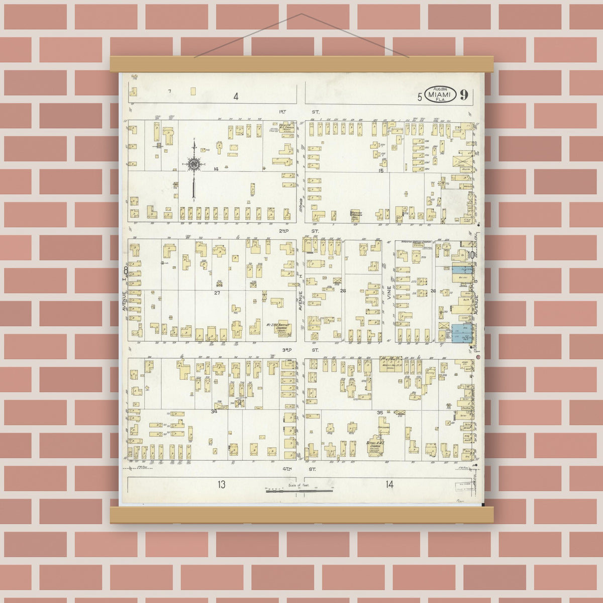 Old map wall art mockup — magnetic wood frame on brick wall — Sanborn Fire Insurance Map from Miami, Dade County, Florida (1914), Sheet #0009
