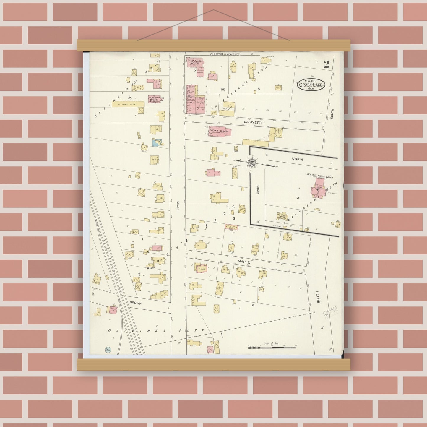 Old map wall art mockup — magnetic wood frame on brick wall — Sanborn Fire Insurance Map from Grass Lake, Jackson County, Michigan (1913), Sheet #0002